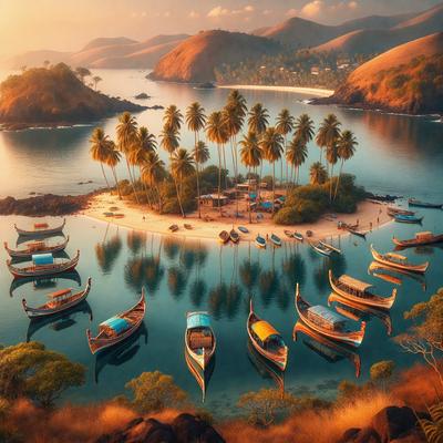 Primary subject: Boats
Setting/background: Ocean, beach, and mountains
Visual style: Digital art
Colors and mood: Warm and serene